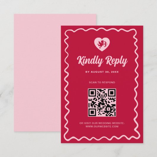 Retro Golvende Frame Rode Roze Cupido Huwelijk QR RSVP Kaartje (Voorkant / Achterkant)