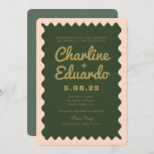 Retro golvende groene perzik gouden bruiloft kaart (Voorkant / Achterkant)