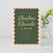 Retro golvende groene perzik gouden bruiloft kaart (Staand voorkant)