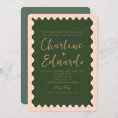 Retro golvende groene perzik gouden bruiloft kaart (Voorkant / Achterkant)