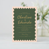 Retro golvende groene perzik pastel bruiloft uitno kaart (Staand voorkant)