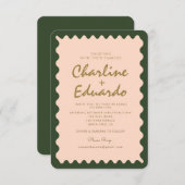 Retro golvende groene perzik pastel bruiloft uitno kaart (Voorkant / Achterkant)