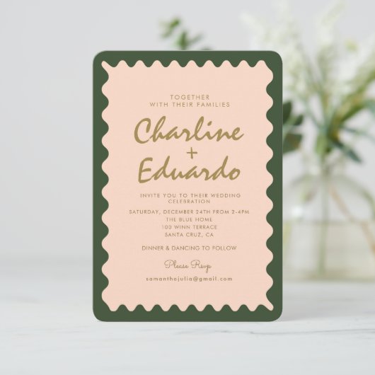 Retro golvende groene perzik pastel bruiloft uitno kaart (Staand voorkant)