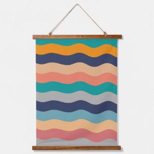 Retro golvende lijnen - Blauw Turquoise Oranje Hangend Wandkleed