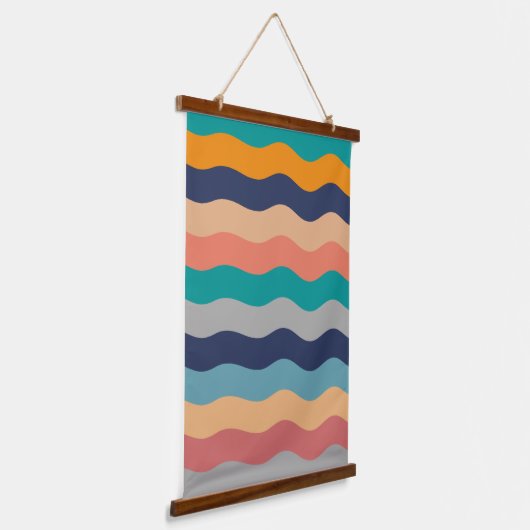 Retro golvende lijnen - Blauw Turquoise Oranje Hangend Wandkleed (Gebogen)