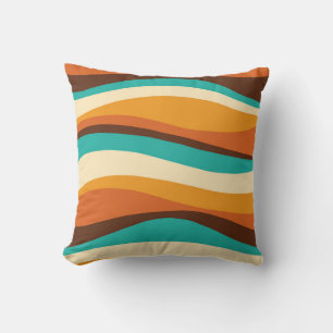 Retro golvende lijnen turquoise, oranje, chocolade kussen