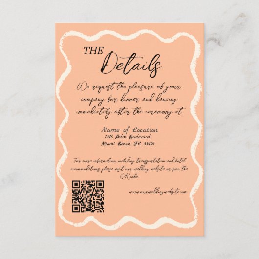 Retro golvende perzik handgeschreven bruiloft deta informatiekaartje (Voorkant)