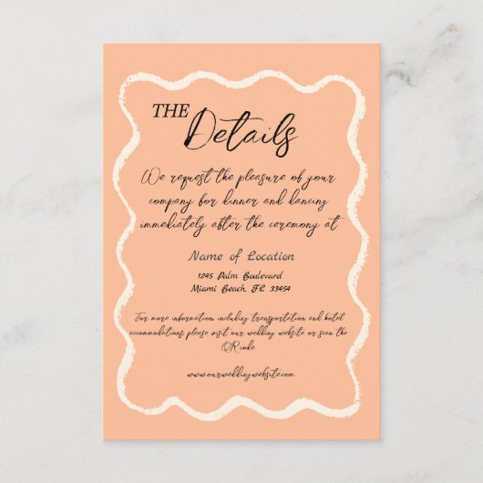 Retro golvende perzik handgeschreven bruiloft deta informatiekaartje (Voorkant)