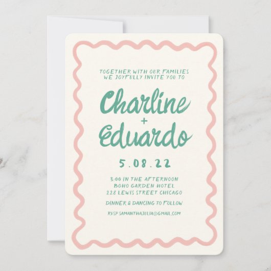 Retro golvende roze en groene handschrift bruiloft kaart (Voorkant)