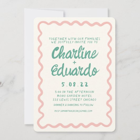 Retro golvende roze en groene handschrift bruiloft kaart (Voorkant)