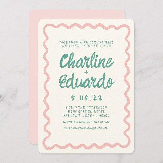 Retro golvende roze en groene handschrift bruiloft kaart