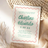 Retro golvende roze en groene handschrift bruiloft kaart