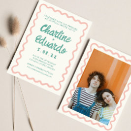 Retro golvende roze en groene handschrift bruiloft kaart