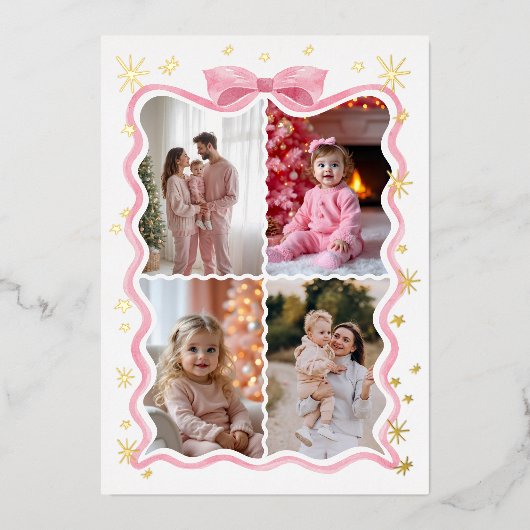 Retro Golvende Roze Lint & Sterren Fotos Collage Folie Feestdagenkaart (Voorkant)