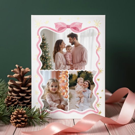 Retro golvende roze strik lint & sterren foto coll folie feestdagenkaart