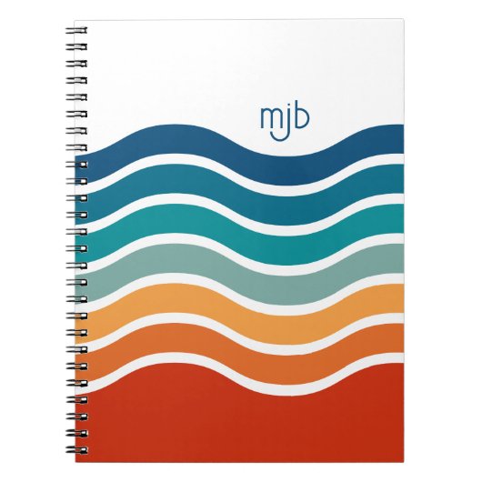 Retro golvende strepen patroon met elk monogram notitieboek (Voorkant)