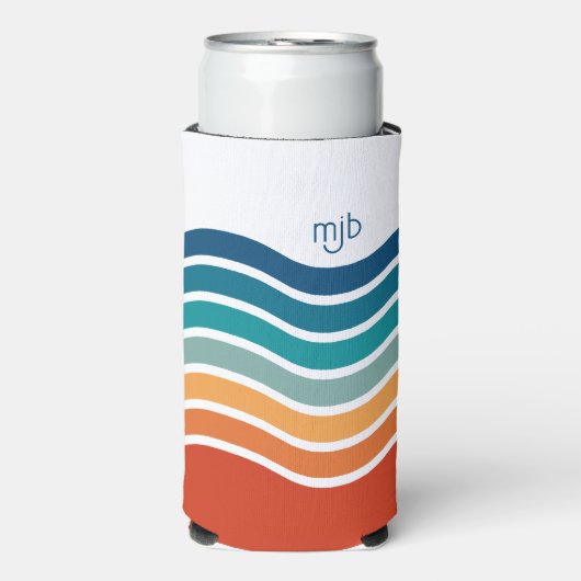 Retro golvende strepen patroon met uw monogram seltzer blikjeskoeler (Seltzer Voorkant)