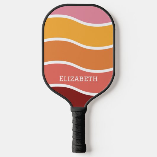 Retro golvende zonsondergang met naam pickleball paddle (Voorkant)
