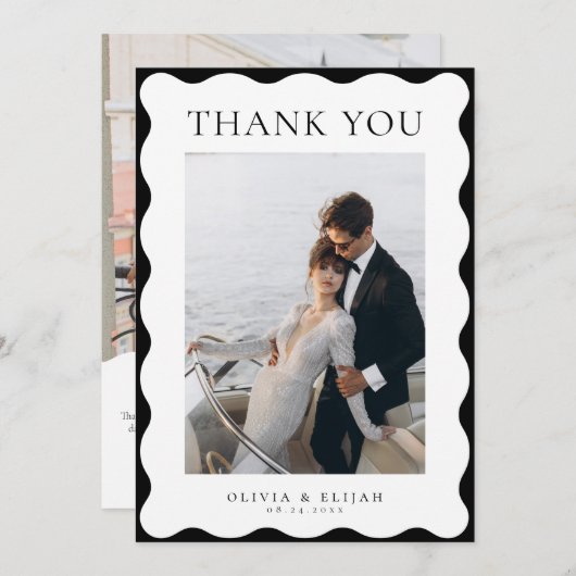 Retro golvende zwart-wit foto W Note bruiloft Bedankkaart (Voorkant / Achterkant)
