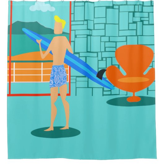 Retro Gordijn van de Douche van de Kerel Surfer (Voorkant)