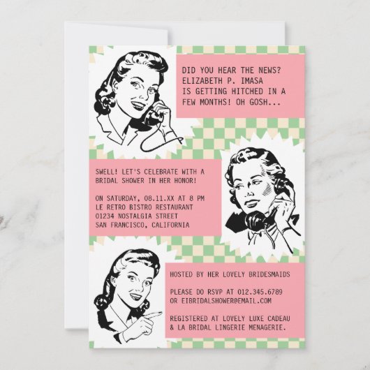Retro Gossip Gals Bridal Shower Invitations Kaart (Voorkant)