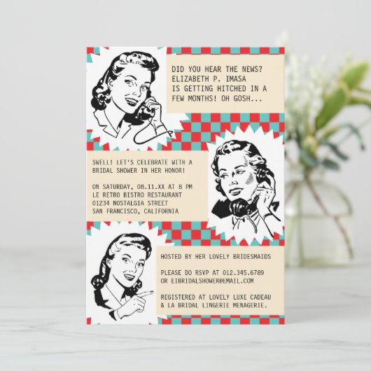 Retro Gossip Gals Bridal Shower Invitations Kaart (Staand voorkant)