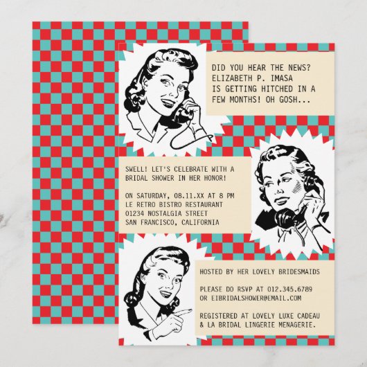 Retro Gossip Gals Bridal Shower Invitations Kaart (Voorkant / Achterkant)