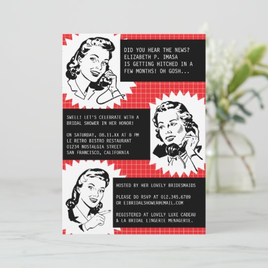 Retro Gossip Gals Bridal Shower Invitations Kaart (Staand voorkant)