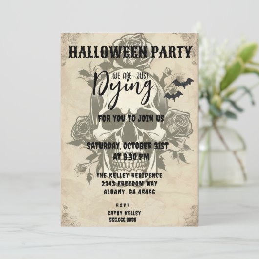 Retro  Gothic Dode Schedel Roos Halloween Party Kaart (Staand voorkant)