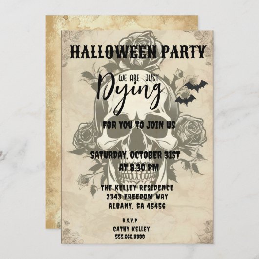 Retro  Gothic Dode Schedel Roos Halloween Party Kaart (Voorkant / Achterkant)