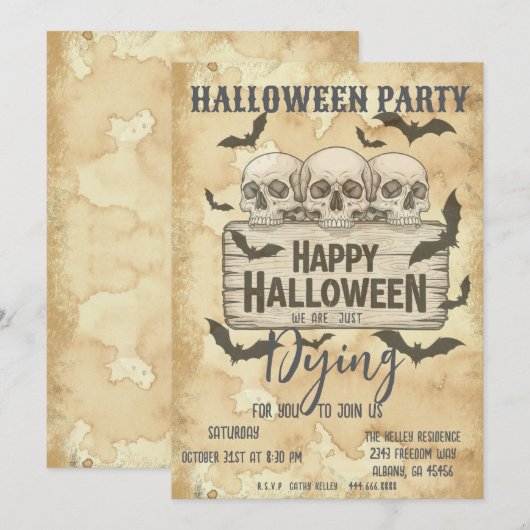 Retro  Gotische Schedels Halloween Party Uitnodige Kaart (Voorkant / Achterkant)