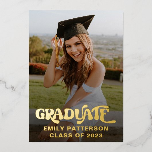 Retro Goud Folie Afstudeer Foto Feest Folie Uitnodiging (Voorkant)