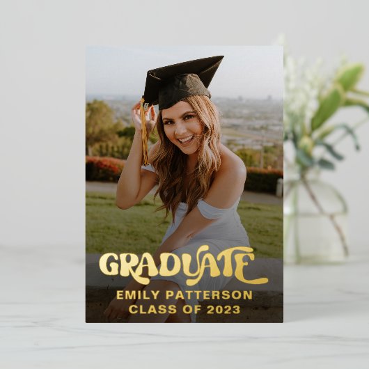 Retro Goud Folie Afstudeer Foto Feest Folie Uitnodiging (Staand Voorkant)