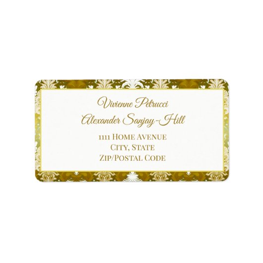 Retro Goud Groen Damask Trouwadres Etiket (Voorkant)