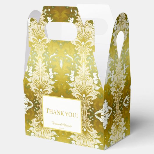Retro Goud Groen Damast Bruiloft Bedankdoosjes (Geopend)