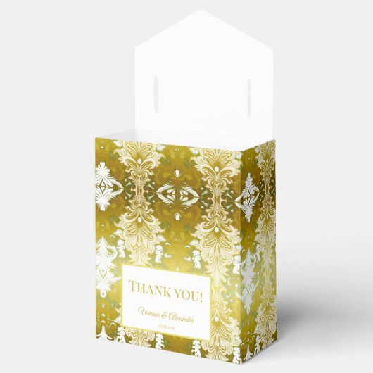 Retro Goud Groen Damast Bruiloft Bedankdoosjes (Geopend)