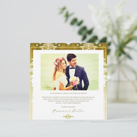 Retro Goud Groen Damast Bruiloft Bedankkaart (Staand voorkant)