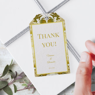 Retro Goud Groen Damast bruiloft Dank u Cadeaulabel