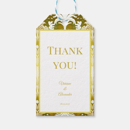 Retro Goud Groen Damast bruiloft Dank u Cadeaulabel (Voorkant)