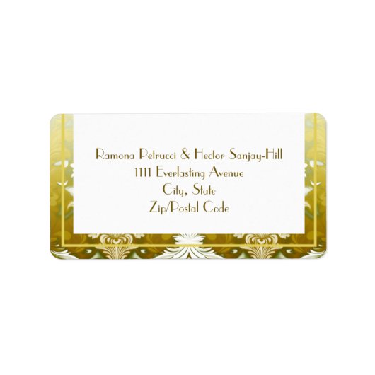 Retro Goud Groen Damast Bruiloft Etiket (Voorkant)