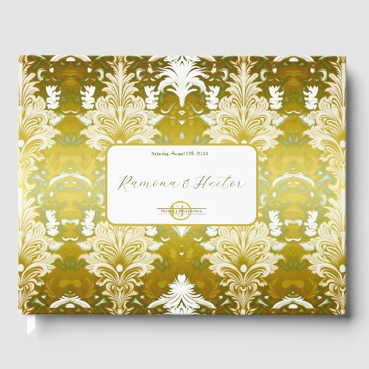 Retro Goud Groen Damast Bruiloft Gastenboek (Voorkant)