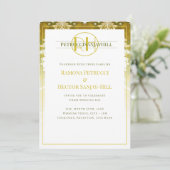 Retro Goud Groen Damast Bruiloft Kaart (Staand voorkant)