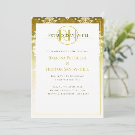 Retro Goud Groen Damast Bruiloft Kaart (Staand voorkant)