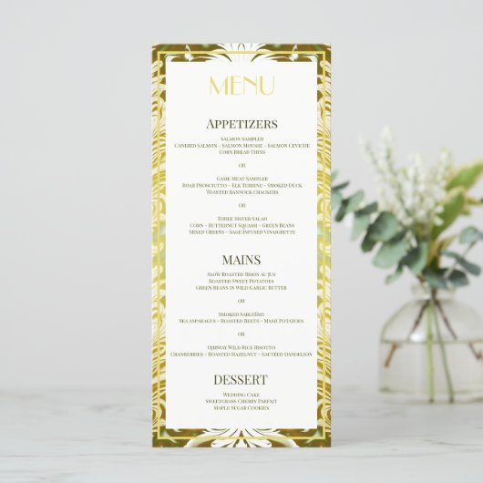 Retro Goud Groen Damast Bruiloft Menu (Staand voorkant)