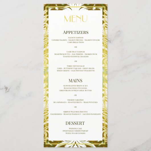 Retro Goud Groen Damast Bruiloft Menu (Voorkant)