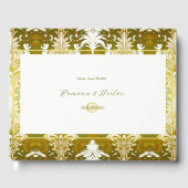 Retro Goud Groen Damast bruiloft Monogram Gastenboek (Voorkant)