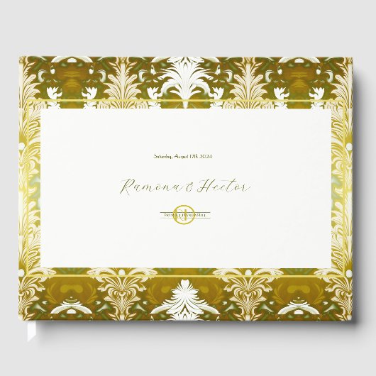 Retro Goud Groen Damast bruiloft Monogram Gastenboek (Voorkant)