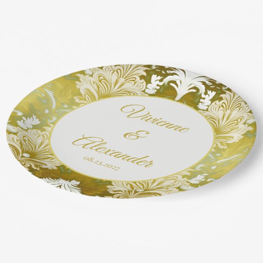 Retro Goud Groen Damast Bruiloft Papieren Bordje (Gekanteld)