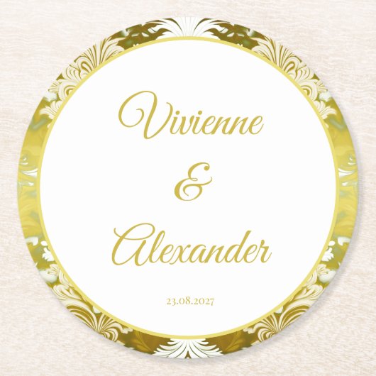 Retro Goud Groen Damast Bruiloft Ronde Kartonnen Onderzetter (Voorkant)