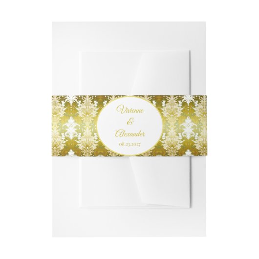 Retro Goud Groen Damast Bruiloft Uitnodigingen Wikkel (Voorkant Voorbeeld)